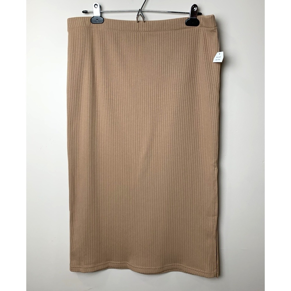 Time and Tru Midi Skirt Womens Large Tan‎ Rib Knit Pull on Stretch Straight